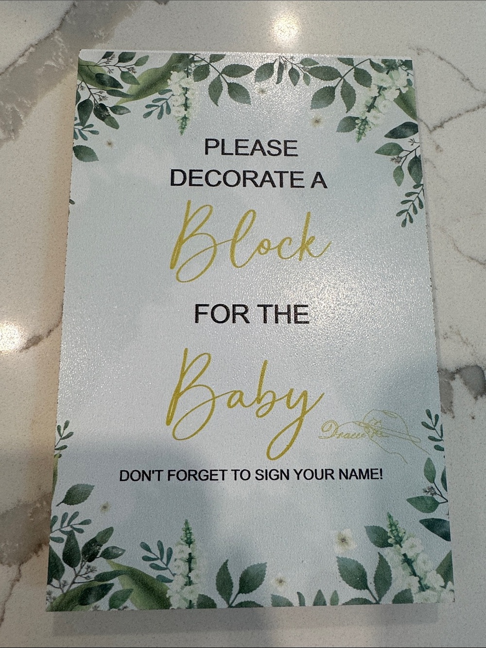 Baby Shower Sign - Please Decorate a Block for the Baby Sign - Green & Gold 5x7